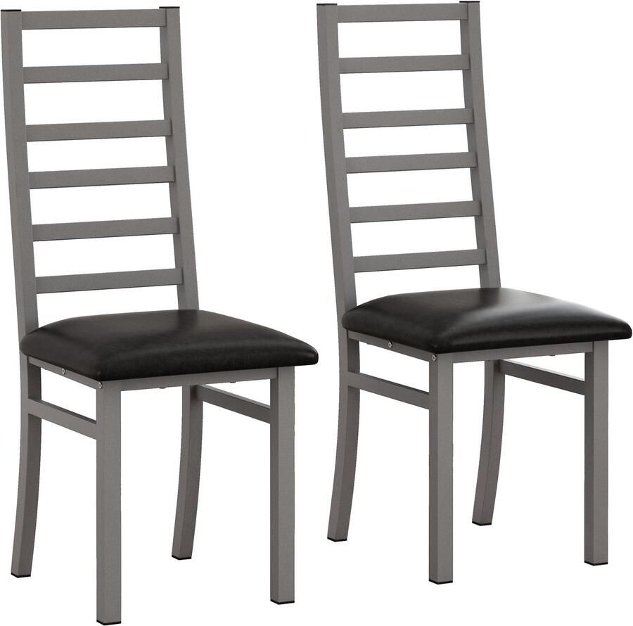 Merax Eetkamerstoelen Set van 2 – Grijs Kunstleer – Hoge Rugleuning – Metalen Poten – Ruimtebesparend zonder Armleuningen – Moderne Stoelen voor Keuken of Woonkamer