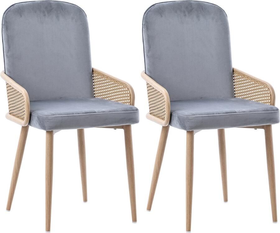 Merax Velvet Eetkamerstoel Set van 2 Twee Eetkamerstoelen in Rattan Design Grijs met Naturel Hout