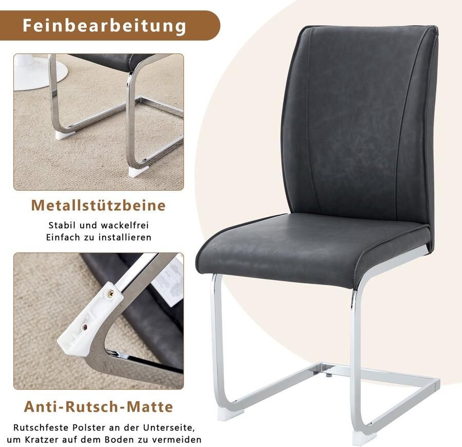 Merax Eetkamerstoelen Set van 2 Grijze PU Leren Stoelen met Unieke Paardenleer Textuur Comfortabele Stoelen met Hoge Rugleuning Zilveren Metalen Poten Modern Europees Design