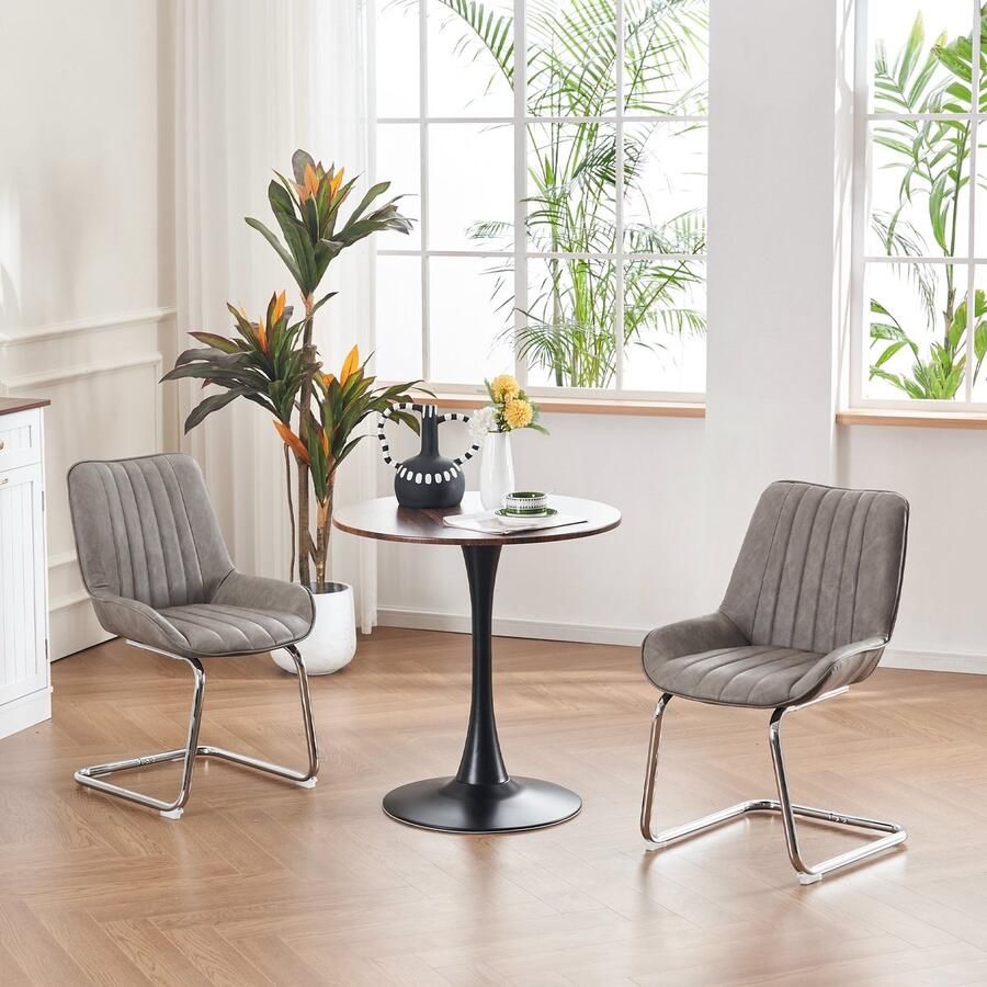 Merax Eetkamerstoelen Set van 2 – Kunstleren Stoelen in Grijs met Comfortabele Schuimvulling – Metalen Frame – Moderne Designstoelen