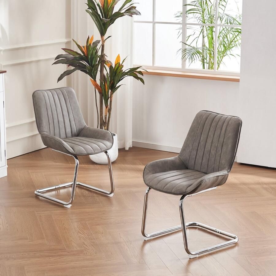 Merax Eetkamerstoelen Set van 2 – Kunstleren Stoelen in Grijs met Comfortabele Schuimvulling – Metalen Frame – Moderne Designstoelen - Foto 2