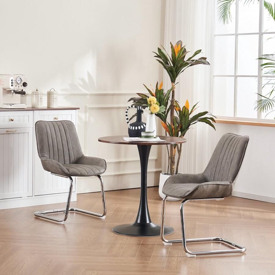 Merax Eetkamerstoelen Set van 2 – Kunstleren Stoelen in Grijs met Comfortabele Schuimvulling – Metalen Frame – Moderne Designstoelen - Foto 3