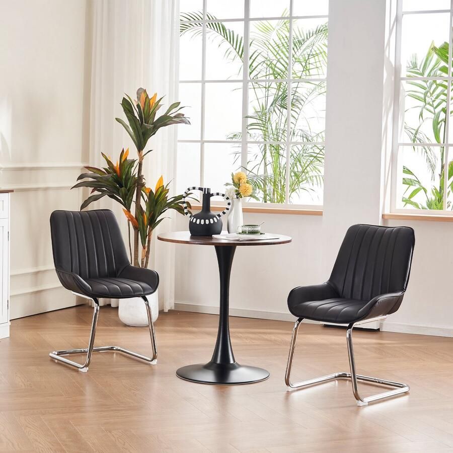 Merax Eetkamerstoelen Set van 2 – Kunstleren Stoelen met Comfortabele Schuimvulling – Metalen Poten – Zwart met Zilver