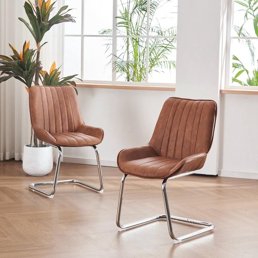 Merax Eetkamerstoelen Set van 2 – Kunstleren Stoelen met Comfortabele Zitting – Moderne Design Stoelen met Metalen Frame – Bruin