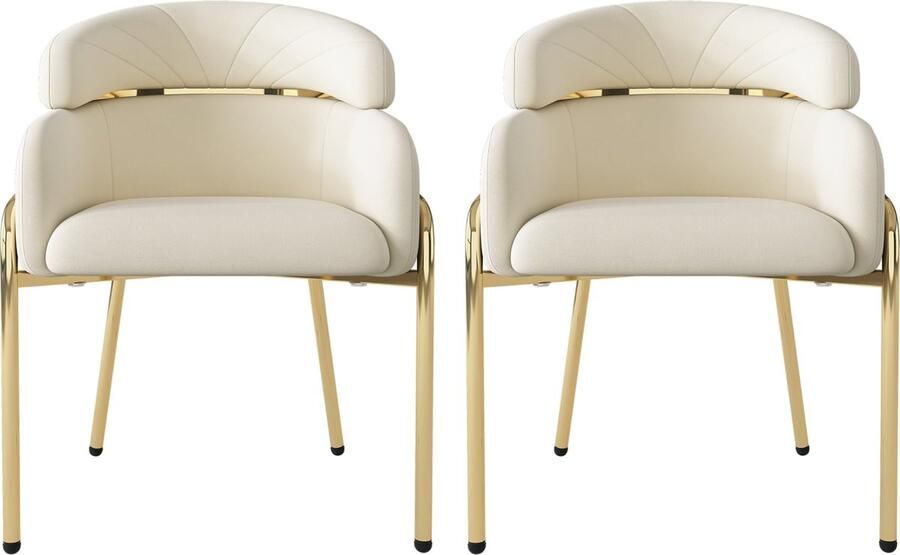 Merax Eetkamerstoelen Set van 2 Luxe Fliuwelen Stoel met Metalen Poten Beige met Goud