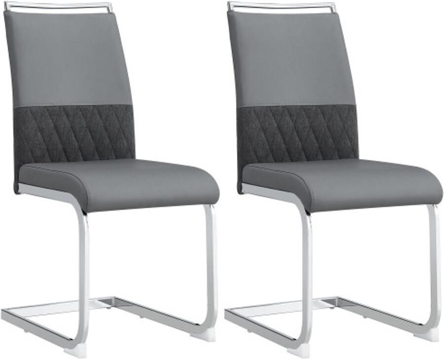 Merax Eetkamerstoelen Set van 2 Luxe Kunstleer Stoelen zonder Armleuning Grijs met Zilver