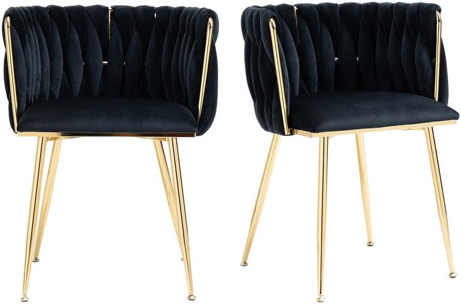Merax Eetkamerstoelen – Set van 2 Luxe Velvet Stoelen met Gouden Metalen Poten – Handgeweven Design – Zacht en Comfortabel – Zwart