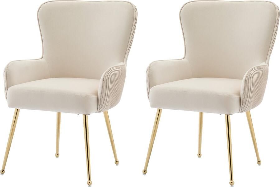 Merax Samt-Esszimmerstuhl 2er-Set luxuriös Wohnzimmer Schlafzimmer Lounge-Stuhl mit vier Goldene Metallstützbeinen Mit Armlehnen und verstellbaren Füßen Lendenwirbelstütze Beige