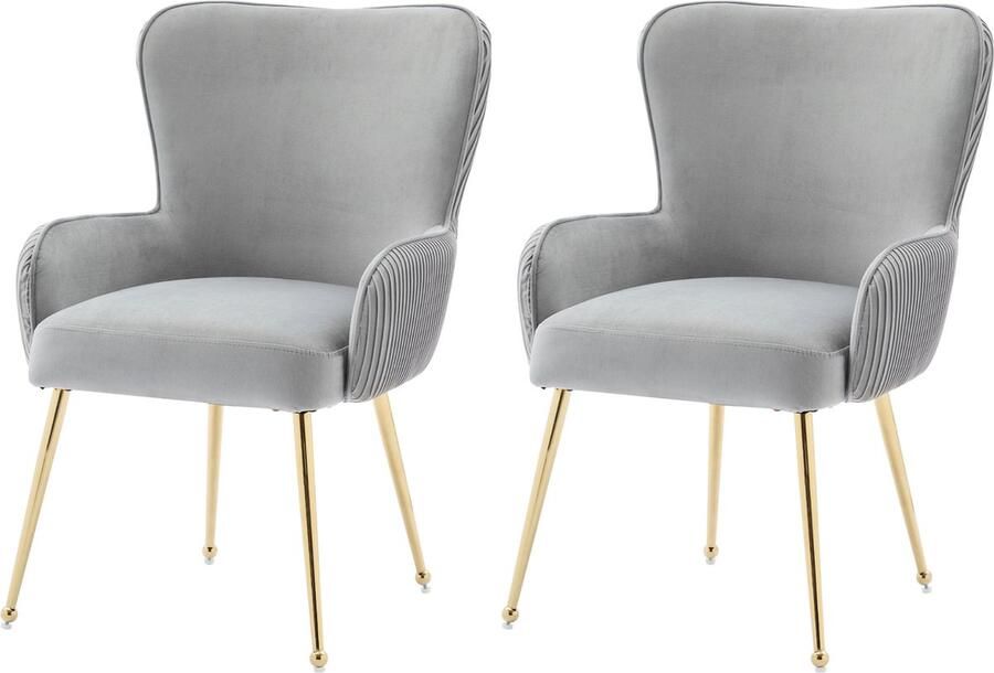 Merax Fluwelen Eetkamerstoelen Set van 2 stuks Luxe Lounge Stoelen met Armleuningen en Verstelbare Gouden Metalen Voeten Ergonomische Lendensteun Grijs