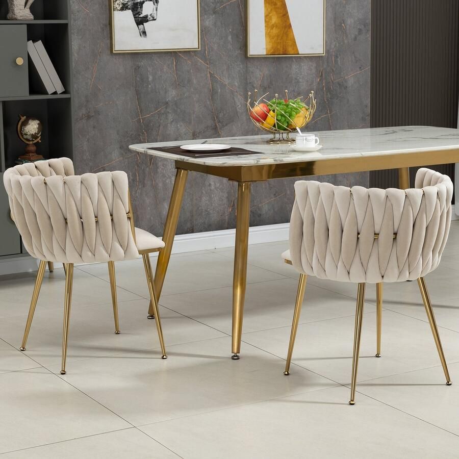 Merax eetkamerstoelen fluweel grijs 2 stuks met gouden metalen poten luxe handgevlochten rugleuning zachte zitting stoelen voor eetkamer woonkamer of slaapkamer