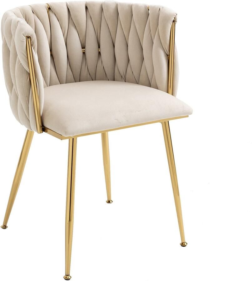 Merax eetkamerstoelen fluweel grijs 2 stuks met gouden metalen poten luxe handgevlochten rugleuning zachte zitting stoelen voor eetkamer woonkamer of slaapkamer - Foto 2