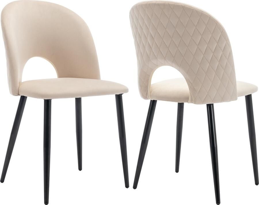 Merax eetkamerstoelen set van 2 fluwelen stoelen met rugleuning verstelbare poten metalen onderstel ruitpatroon rug beige