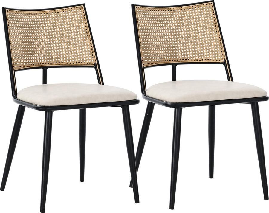 Merax Eetkamerstoelen Set van 2 – Zwart – Kunstleer met Rattan Rugleuning – Comfortabele Design Stoelen