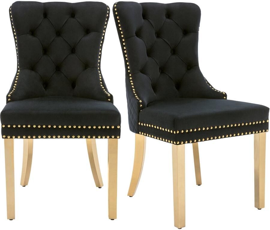 Merax Eetkamerstoelen Set van 2 – Zwart Goud – Velvet Bekleding – Luxe Design Stoelen met Ronde Handgreep – Goudkleurige Roestvrijstalen Poten