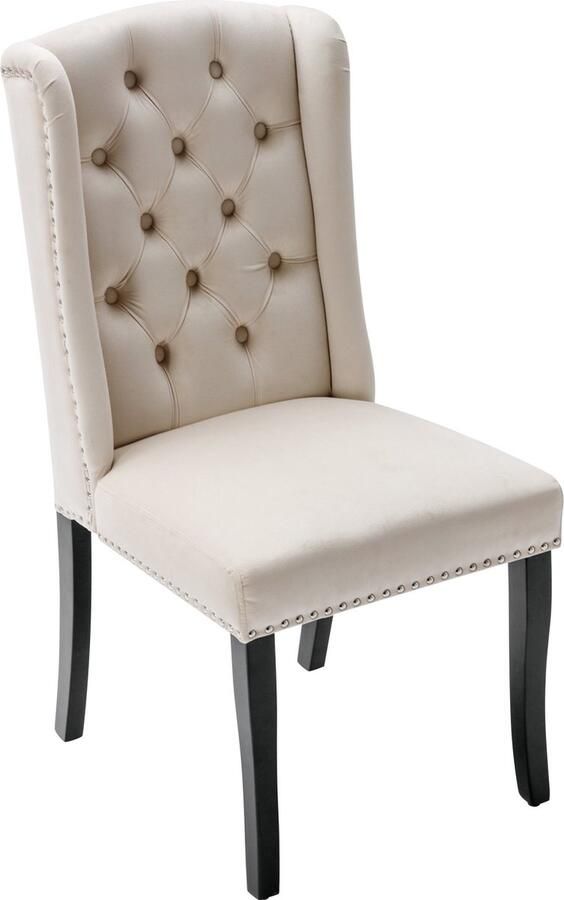 Merax 4-delige set eetkamerstoelen van beige fluweel met eikenhouten poten knopen zilveren handgreep en nagelkopdetails – stijlvol voor eetkamer slaapkamer woonkamer of keuken