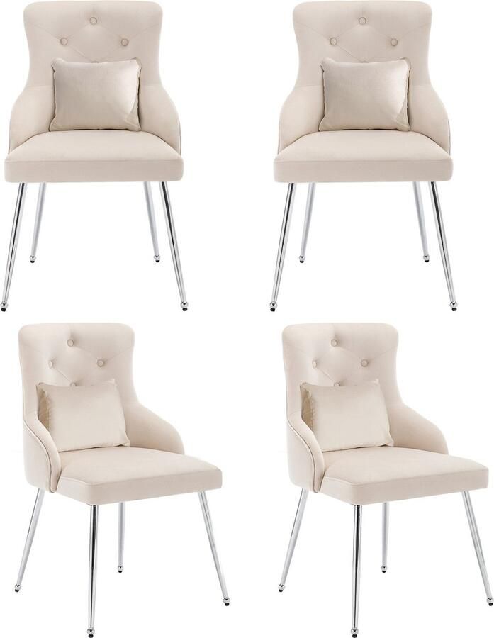 Merax Eetkamerstoelen Set van 4 – Beige Stoelen met Velvet Bekleding – Knopenpatroon – Ergonomisch en Comfortabel – Metalen Poten – Lendensteun