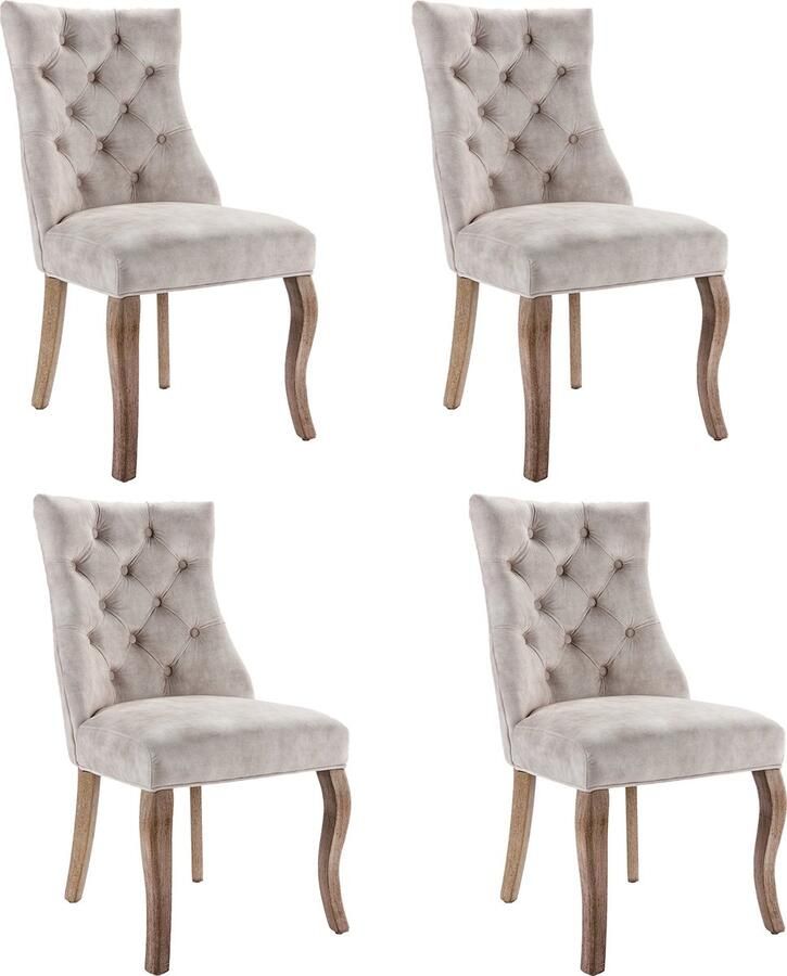 Merax Eetkamerstoelen Set van 4 – Fluwelen Stoelen met Hoge Rugleuning – Knopenpatroon en Chromen Ring – Beige – Stijlvolle Stoelen