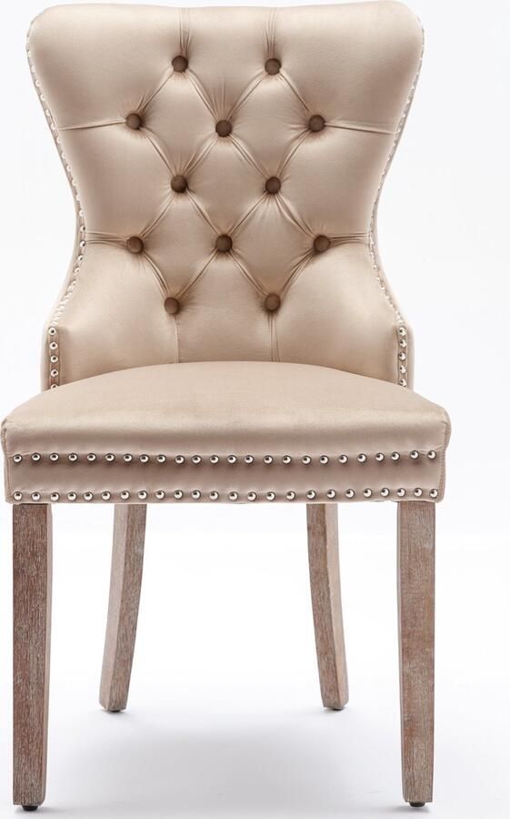 Merax Eetkamerstoelen Set van 2 – Beige Velvet Stoelen met Deurklopper Design & Nieten – Massief Houten Poten – Antieke Stijl - Foto 2