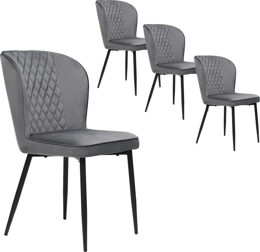 Merax Set van 4 Eetkamerstoelen Donkergrijs Velvet Stoffen Stoelen met Rugleuning en Metalen Onderstel Comfortabele Design Stoelen voor Eetkamer Keuken en Woonkamer