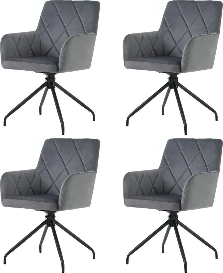 Merax Eetkamerstoelen Set van 4 360° Draaibaar Velvet Gestoffeerde Lounge Stoelen met Ruitpatroon Ergonomische Lendensteun Stabiele Metalen Poten Antraciet