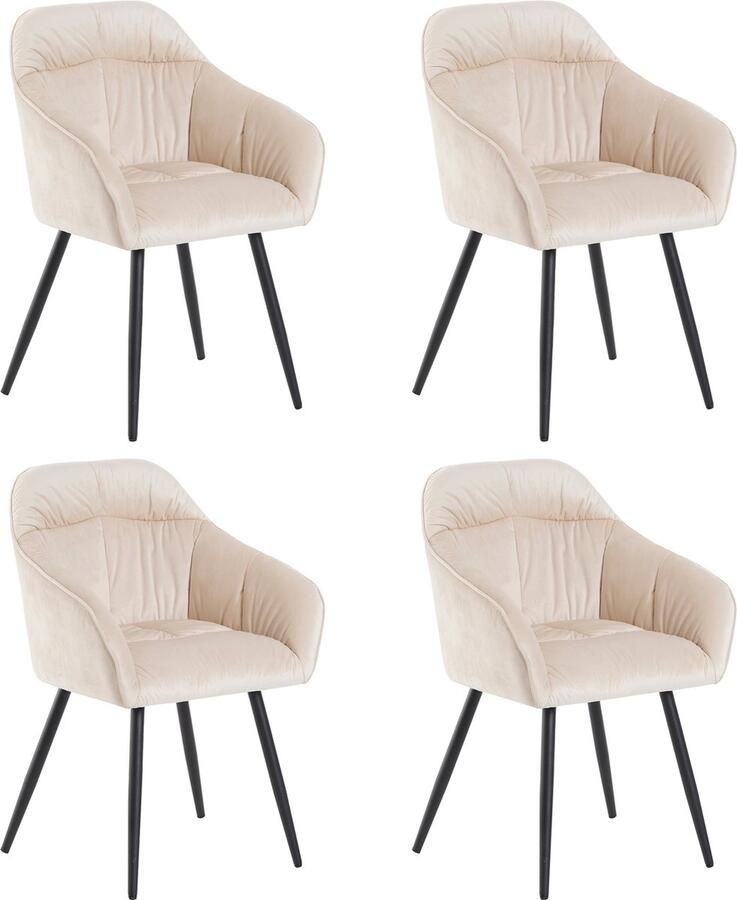 Merax Set van 4 fluwelen beige Eetkamerstoelen met Armleuningen en Verstelbare Poten Ergonomisch en Comfortabel