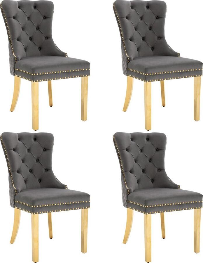 Merax set van 4 luxe fluwelen eetkamerstoelen Uniek design met ronde trekring nagelkopafwerking en vergulde RVS poten Grijs met goud