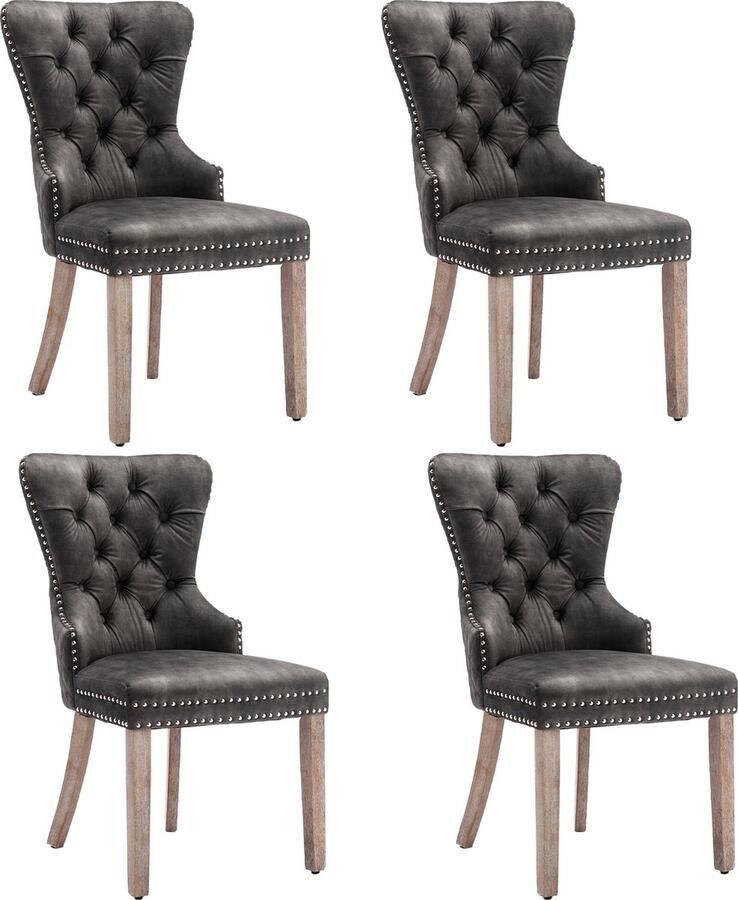 Merax Eetkamerstoelen Set van 4 Luxe Fluwelen Stoel met Massiefhouten Poten Uniek Deurklopper Detail op Rugleuning Grijs - Foto 2