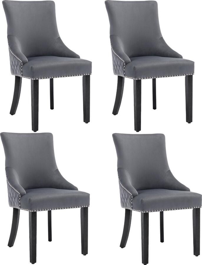 Merax Eetkamerstoelen (Set van 4) Luxe Polsterstoelen met Ruitvormig Patroon Zwarte Massiefhouten Poten Verstelbare Hoogte en Nagelkopbeslag Grijs