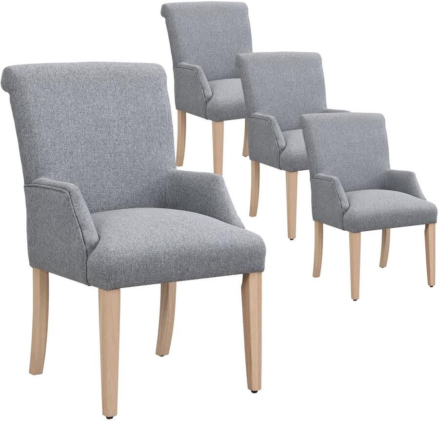 Merax Eetkamerstoelen Set van 4 – Met Armleuningen – Linnen Bekleding – Massiefhouten Poten – Verstelbare Doppen – Grijs – Comfortabel en Stijlvol voor Woonkamer Eetkamer Bureau