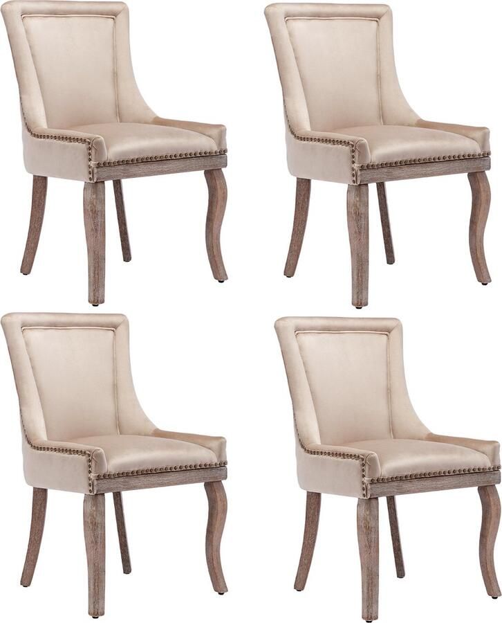 Merax Luxueuze Esszimmerstoelen (Set van 4) Stijlvolle Keuken en Woonkamerstoelen met Nagelkopdecoratie Massief Houten Onderstel Beige