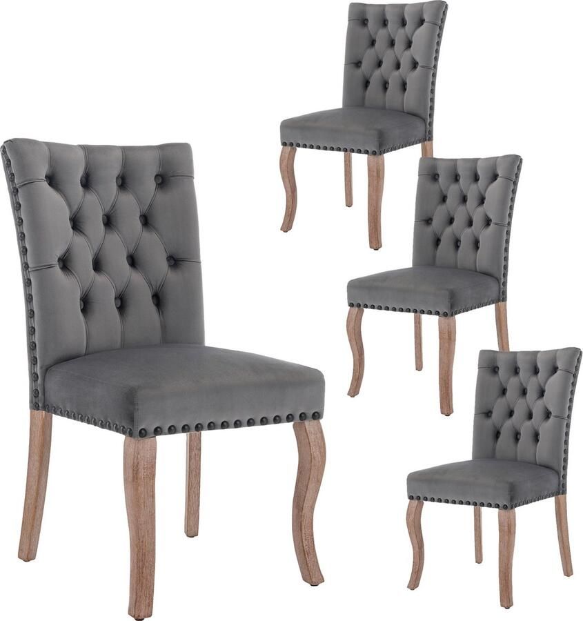 Merax Eetkamerstoelen Set van 4 Luxe Fluwelen Stoelen met Deurklopper en Massief Houten Poten Grijs
