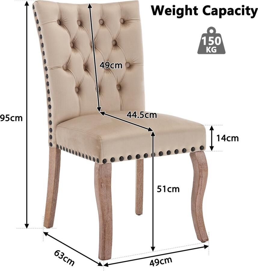 Merax Eetkamerstoelen Set van 4 – Velvet Stoelen met Deurklopper Rugleuning – Massief Houten Poten – Luxe Beige Bruine Keukenstoelen – Ergonomisch & Stijlvol - Foto 2