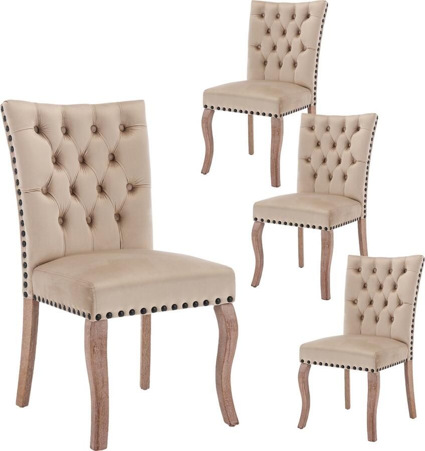 Merax Eetkamerstoelen Set van 4 – Velvet Stoelen met Deurklopper Rugleuning – Massief Houten Poten – Luxe Beige Bruine Keukenstoelen – Ergonomisch & Stijlvol - Foto 3