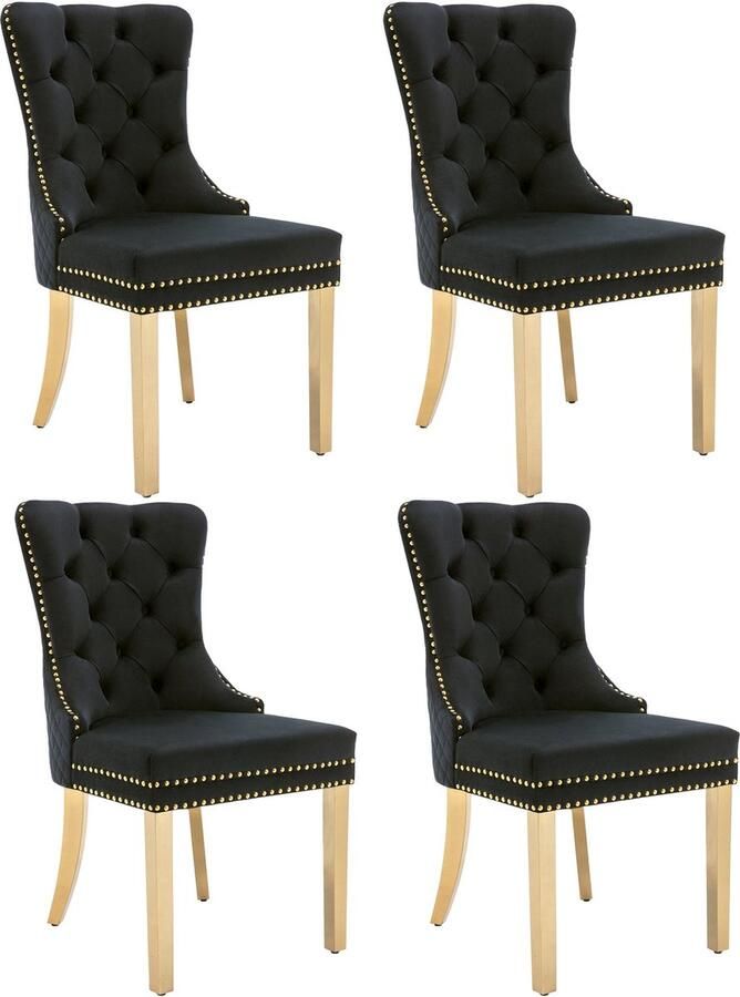 Merax Eetkamerstoelen Set van 4 – Zwart Goud – Velvet Bekleding – Luxe Design Stoelen met Handgreep en Nagelkopdetails – Goudkleurige Roestvrijstalen Poten
