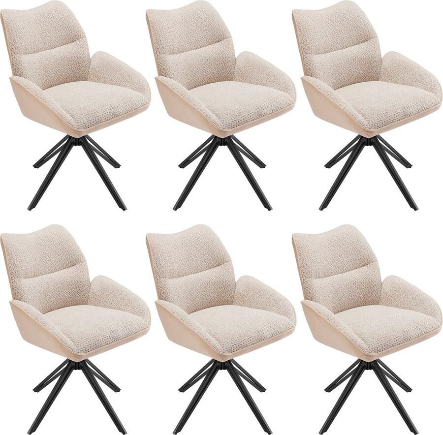 Merax Eetkamerstoelen Set van 6 360° Draaibare Sherpa Stoelen met Zachte Zitting en Stabiele IJzeren Poten Beige