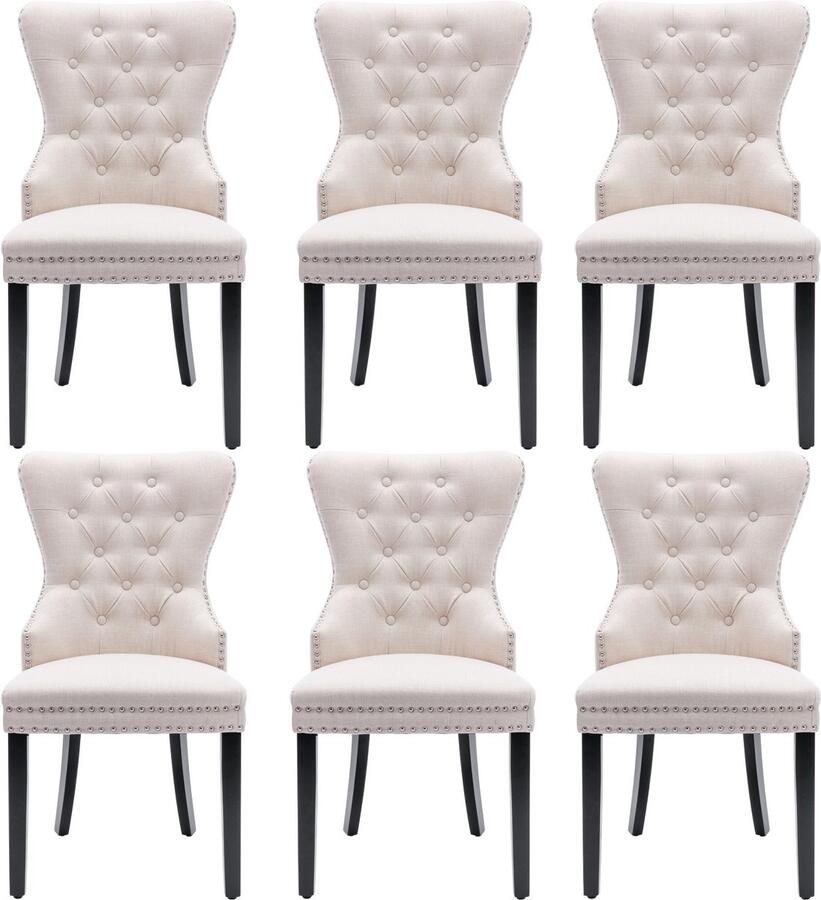 Merax Beige Eetkamerstoelen Set van 6 – Linnen Bekleding met Knoopdetails Chromen Ring & Nagelkopafwerking – Eikenhouten Poten – Klassiek & Comfortabel Design