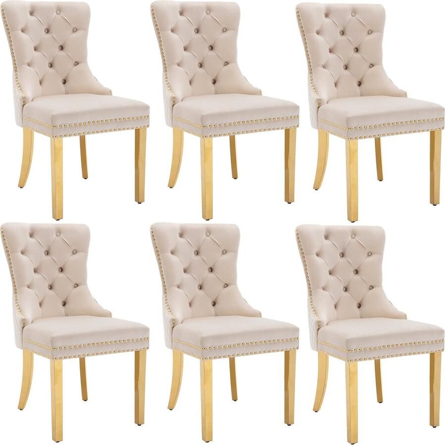Merax Set Van 6 Eetkamerstoelen met Uniek Deurklopper Design Gepolsterde Stoelen met Nagelkopafwerking Verguld RVS Onderstel Fluweel Beige Goud