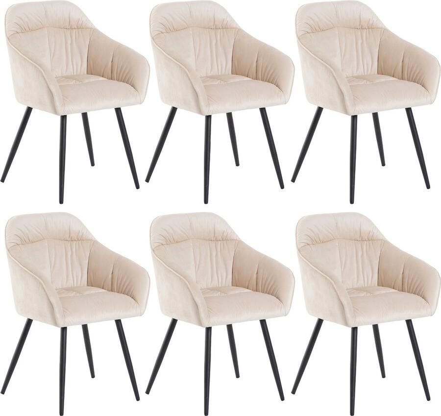 Merax Set van 6 Eetkamerstoelen – Luxe Fluwelen Stoelen met Armleuningen en Verstelbare Voeten – Beige – Metalen Onderstel