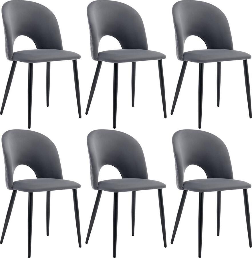 Merax Eetkamerstoelen Set van 6 Design Polsterstoelen met Rugleuning Zitting van Fluweel Stalen Onderstel Verstelbare Voeten Diamantpatroon Grijs