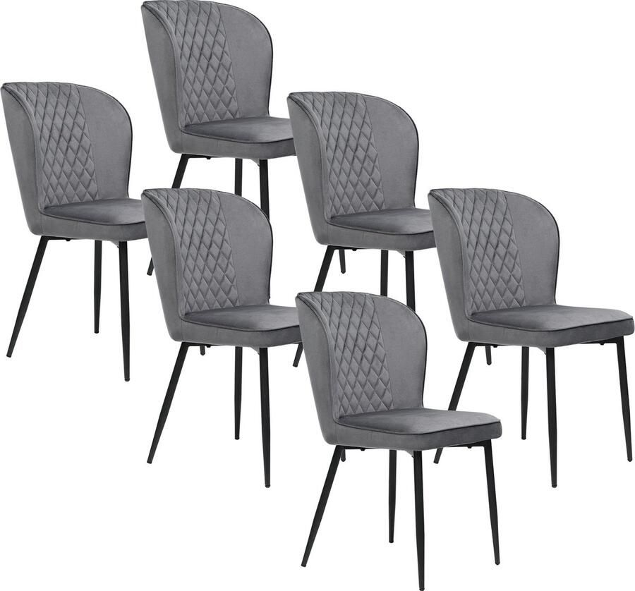 Merax Eetkamerstoelen (Set van 6) Donkergrijs Gestoffeerde Design Stoel met Rugleuning Fluwelen Zitting en Metalen Frame