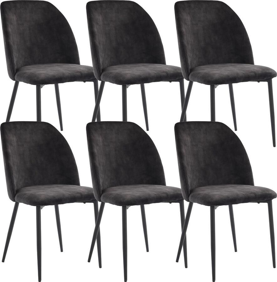 Merax Eetkamerstoelen Set van 6 – Donkergrijze Stoelen met Ergonomische Rugleuning – Ademend Textiel – Metalen Poten – Moderne Designstoelen