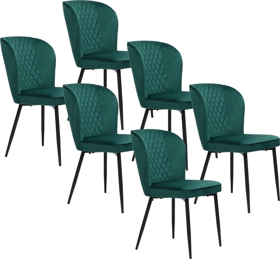 Merax Eetkamerstoelen (Set van 6) Donkergroen Luxe Polsterstoel met Rugleuning en Stalen Onderstel Perfect voor Eetkamer en Kantoor