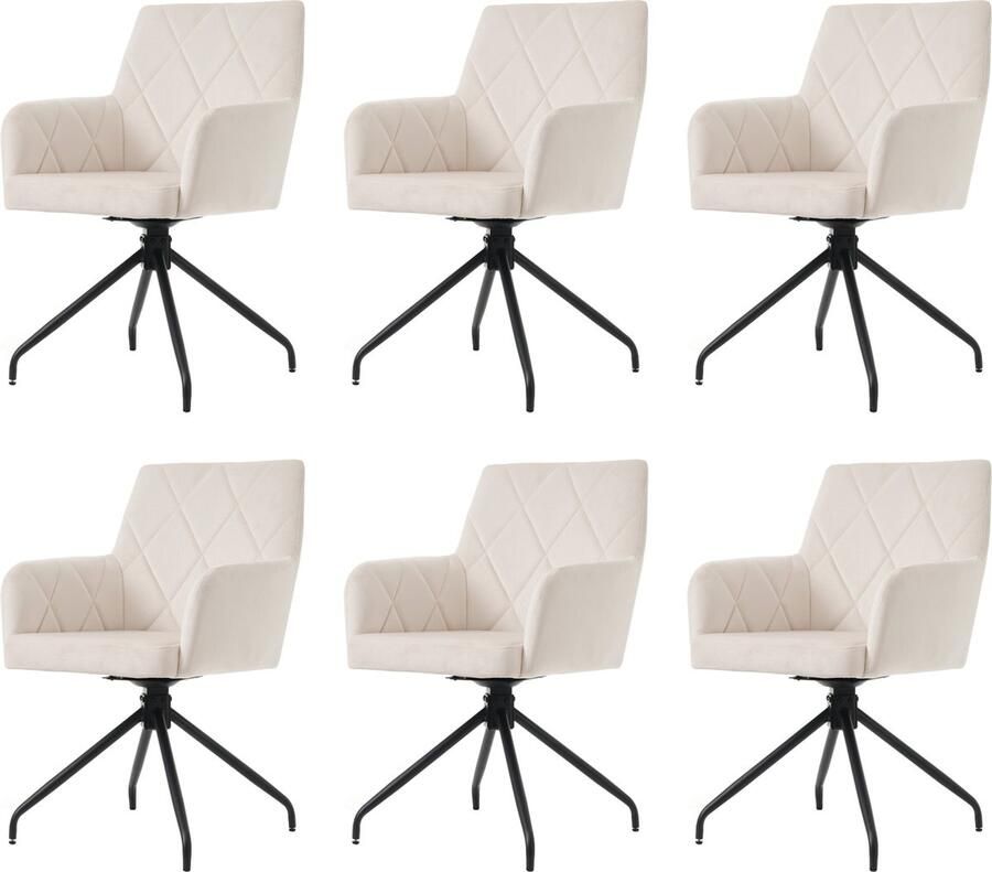 Merax Eetkamerstoelen Set van 6 – Draaibaar – Beige met Ruitpatroon – Fluwelen Bekleding – Ergonomisch Design – Metalen Poten – Inclusief Verstelbare Poten