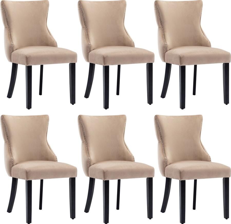 Merax Eetkamerstoelen– Beige Fluwelen Eetkamerstoel met Knopsteppingen – Massief Houten Frame – Set van 4