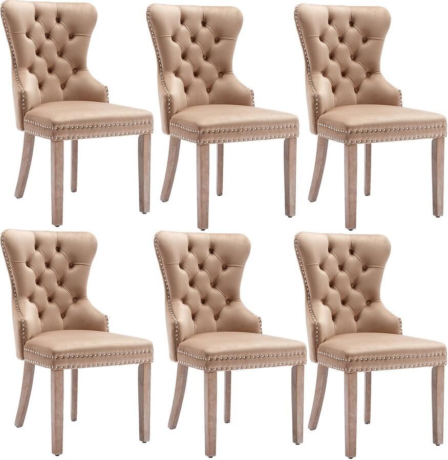 Merax Eetkamerstoelen Set van 6 – Fluwelen Stoelen met Deurklopper en Siernagels Keukenstoelen met Massief Houten Poten Lichtbruin