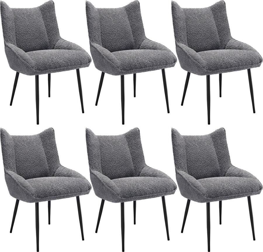 Merax Eetkamerstoelen Set van 6 – Grijs Teddy Stof Stoelen – Comfortabele Loungestoelen met Dikke Zitting en Verstelbare Poten