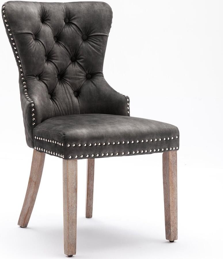 Merax Eetkamerstoelen Set van 6 – Grijze Velvet Stoelen met Massief Houten Poten en Unieke Deurklopper op de Rug Verstelbare Poten en Zilveren Nagelkopdetails - Foto 2
