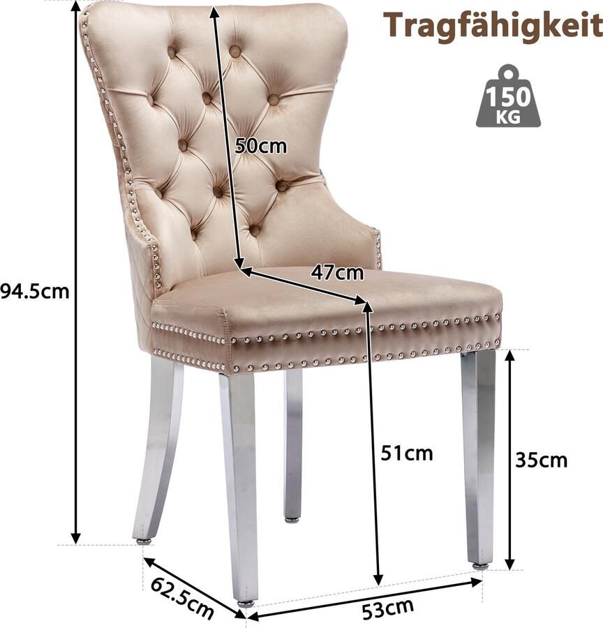 Merax Eetkamerstoelen Set van 6 – Luxe Fluwelen Stoelen met Decoratieve Nagelkopafwerking en Unieke Deurklopper – Stijlvolle Beige Keuken en Woonkamerstoelen met Metalen Poten