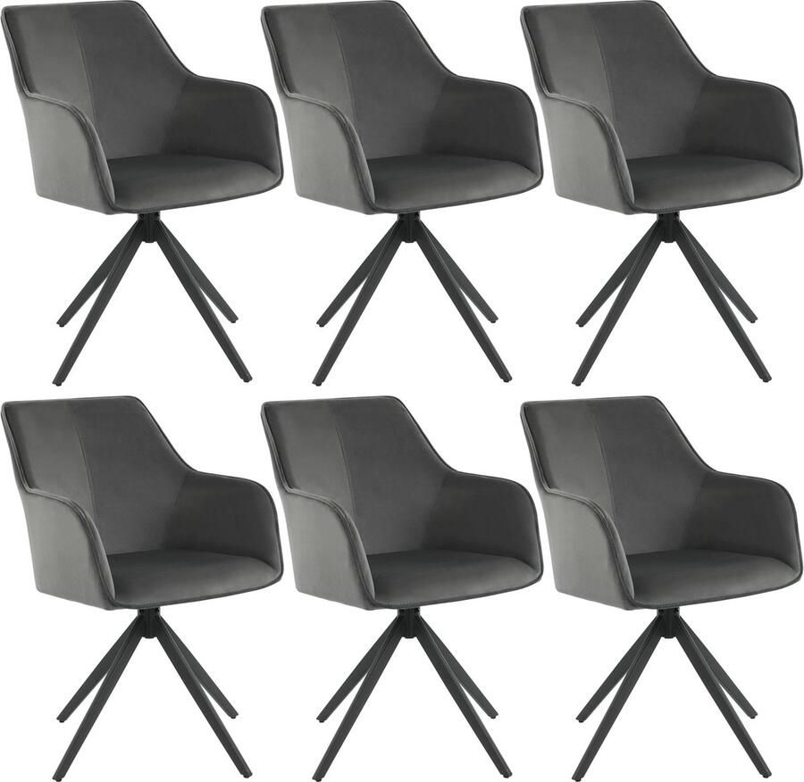 Merax Set van 6 Luxe 360° Draaibare Samt Armstoelen met Verstelbare Voetdoppen – Geschikt voor Woonkamer Eetkamer en Keuken (Grijs)