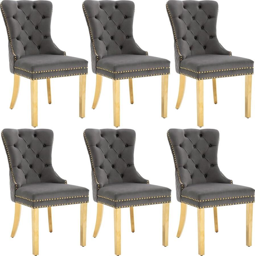 Merax Eetkamerstoelen Set van 6 Luxe Keuken- en Woonkamerstoelen met Ronde Trekringen en Verguld RVS Fluweel Grijs met Goud
